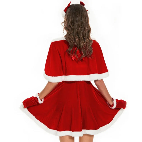 Christmas Costume Set for Women Adorable Dress with Matching Hair Clips Cape and Gloves