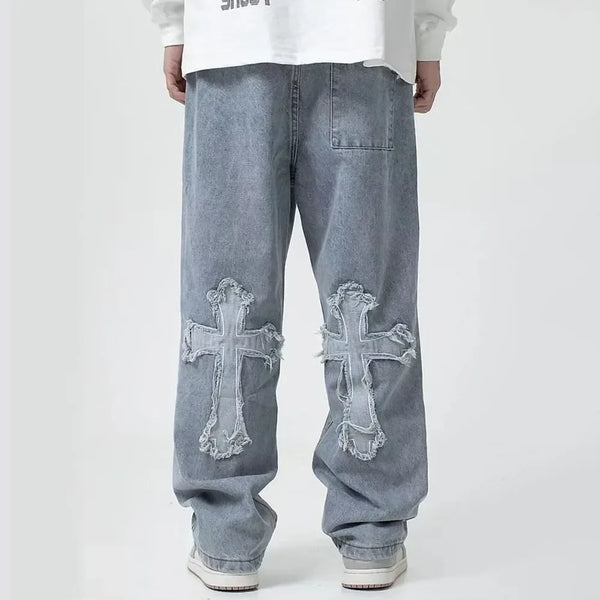 Cross Denim Pants Streetwear Hip Hop Low Rise Baggy Jeans For Men