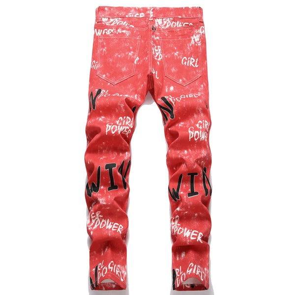 Red Letter Printed Denim Jeans For Men High Quality Pants