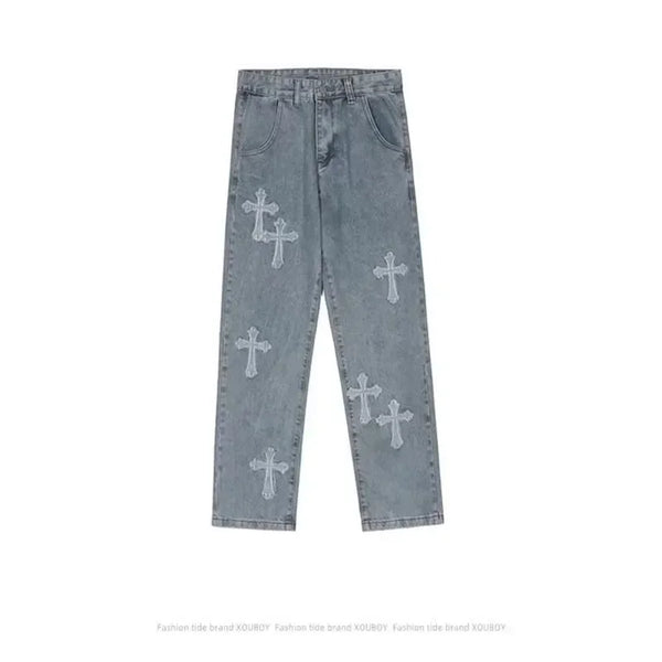 Cross Denim Pants Streetwear Hip Hop Low Rise Baggy Jeans For Men