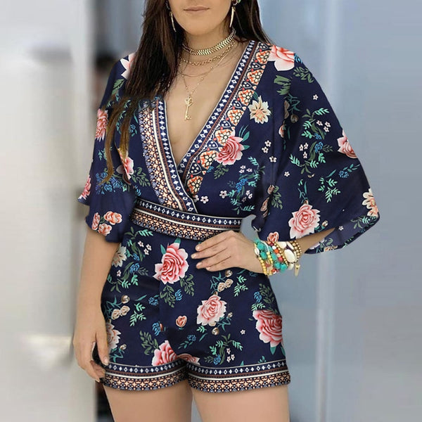 Women's Jumpsuit Summer Floral Printed Rompers 3/4 Sleeve Backless Playsuit