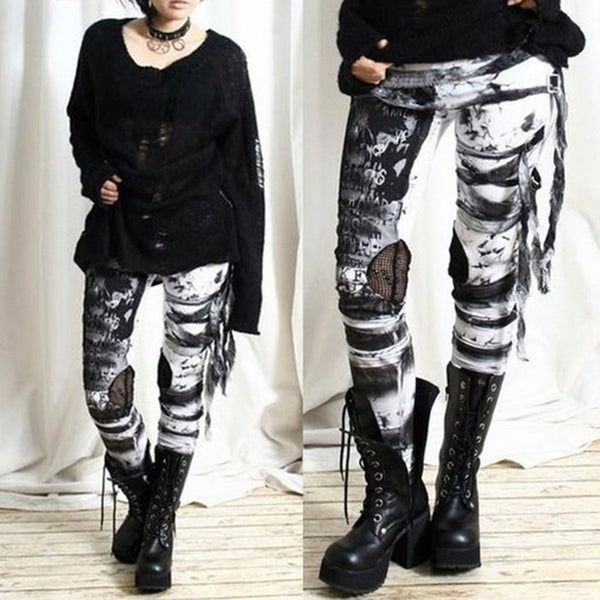 Streetwear Vintage Gothic Pants For Women High Waist Tie dye Rocker Distressed Pants