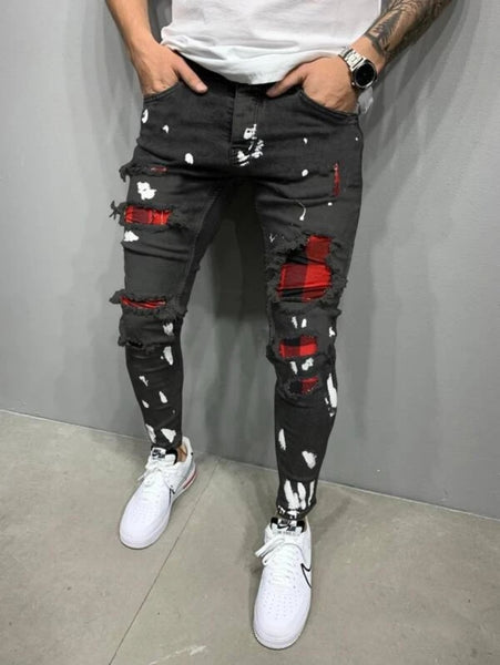 Men's Patchwork Color Zipper Access Control Slim Hole Hip-hop Denim jeans