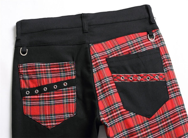 Red Plaid Patchwork Men's Pencil Jeans Y2K Buckle Hip Hop Gothic Slim Denim Pants