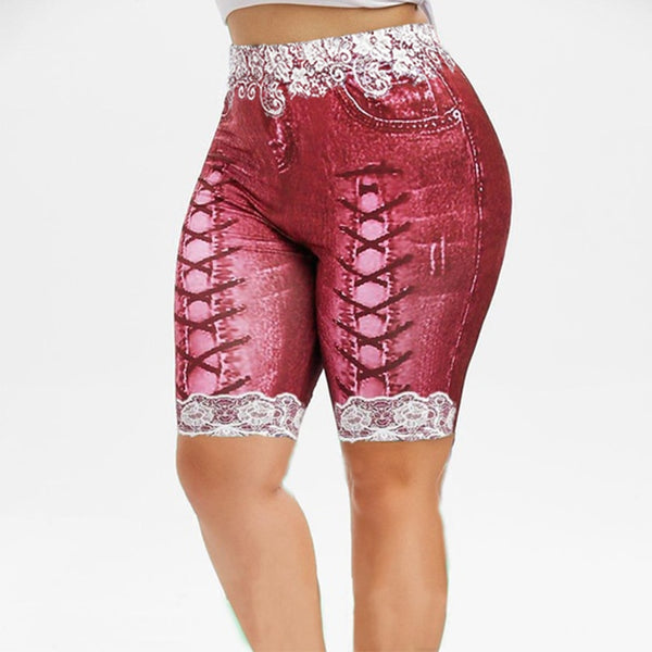 3D Lace Patchwork Bandage Print Bermuda shorts for Women  Plus Size Shorts