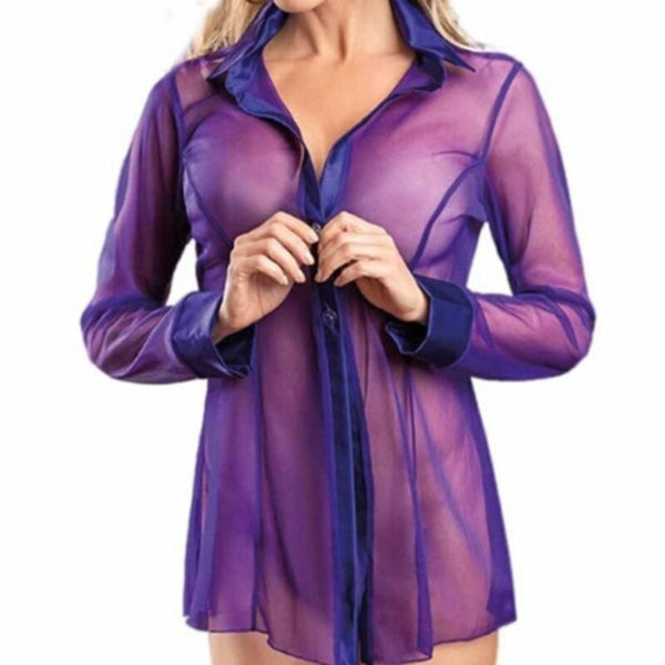 Women's Button Lingerie Dress Transparent Club wear Stripper Long Sleeve Blouse New