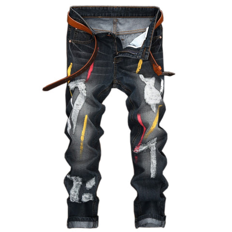 Men ripped jeans new fashion Painted Biker slim fit stretch jeans black Hole Offset printing Distressed Jeans