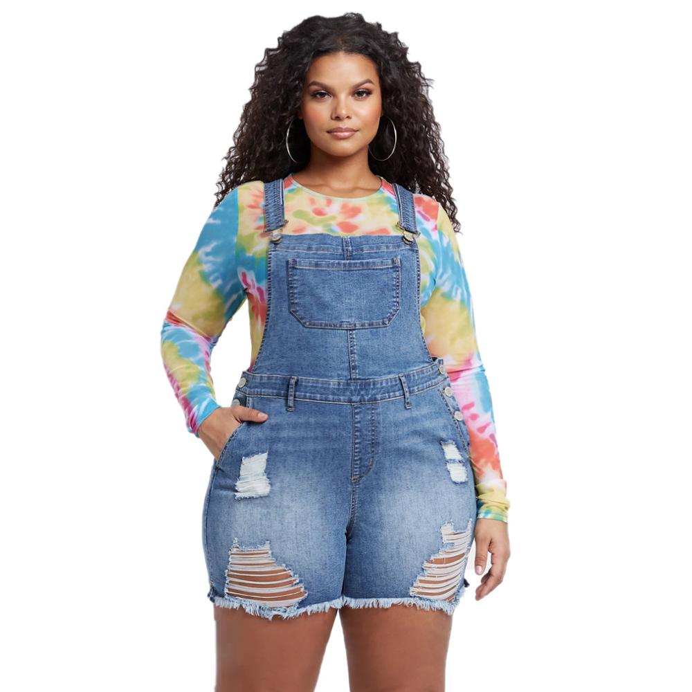 Denim Rompers Casual Loose Jumpsuit Pockets Holes