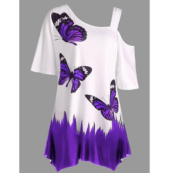 Women's Casual T-Shirts Butterfly Printed Tee One Shoulder Irregular Top Female Big Hot Loose Tee Tops 4XL