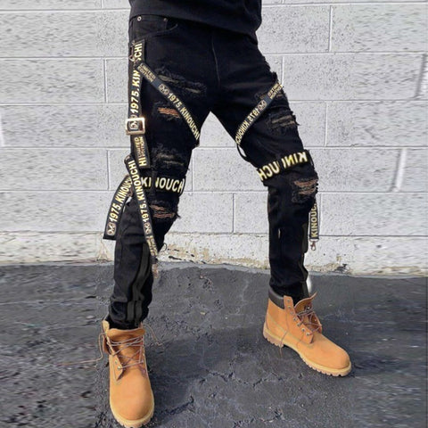 Men's Jeans Skinny Slim Straight Jeans Black Youth Street Pants Trend Ripped Cargo Pants