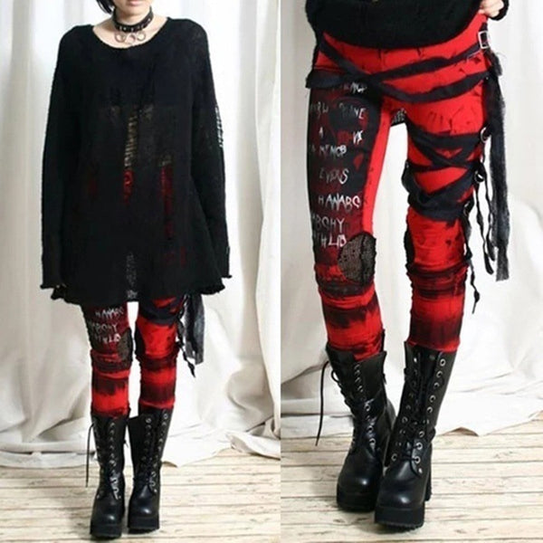 Streetwear Vintage Gothic Pants For Women High Waist Tie dye Rocker Distressed Pants