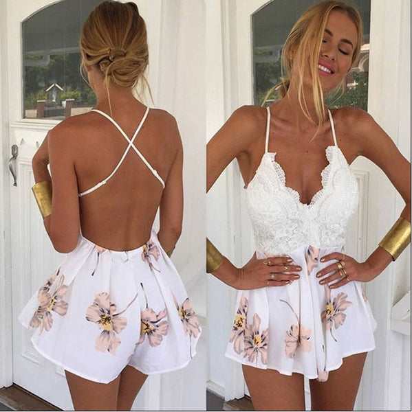 Women‘s Printing V Neck Lace Strap Dress Casual Party Romper