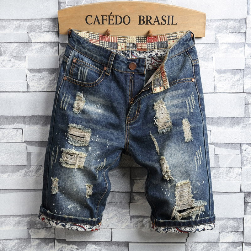 Men's Retro Style Ripped Denim Shorts Casual Hole Patch Jean Shorts