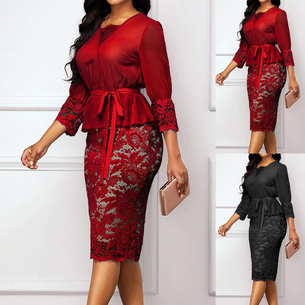 Elegant Women's 3/4 Sleeve Lace Patchwork Belt Bodycon Knee-length Pencil Dress Bodycon Party Dress