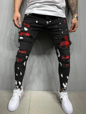 Men's Patchwork Color Zipper Access Control Slim Hole Hip-hop Denim jeans