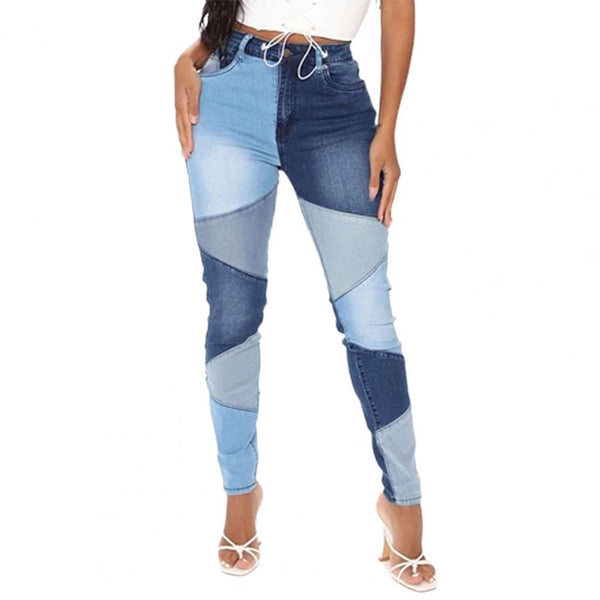 Women's Splicing Jeans Slim Tight High Waist Denim Trousers for Daily Life