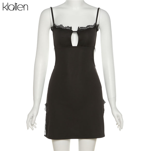 Hollow Out Halter Black Lace Up Slim Mini Dress For Women Casual Dress