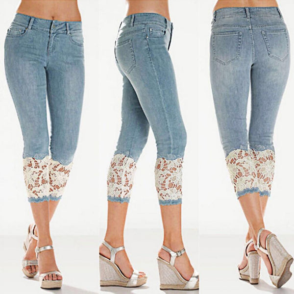 Women's Capri Pants Lace Stretchy Women Calf Length Mid Rise Jeans
