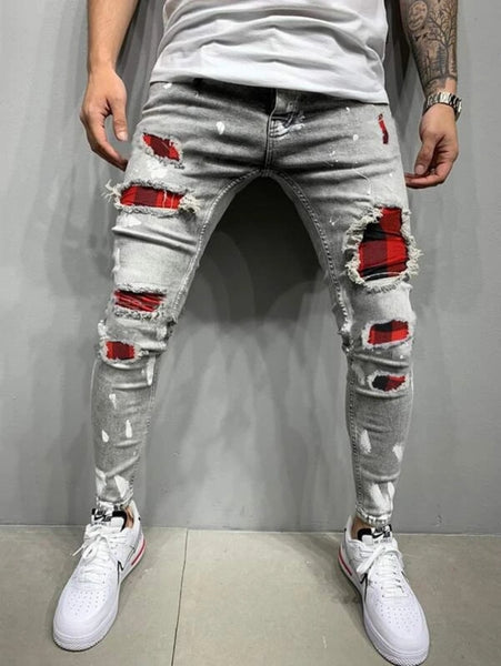 Men's Patchwork Color Zipper Access Control Slim Hole Hip-hop Denim jeans