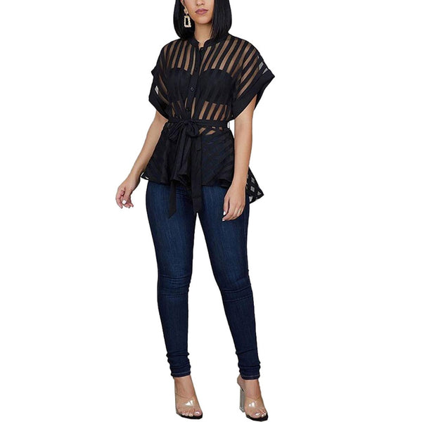 Women's Sexy Flared Tops Perspective Striped Tops Fashion Short Sleeve Blouse With Waist Belt