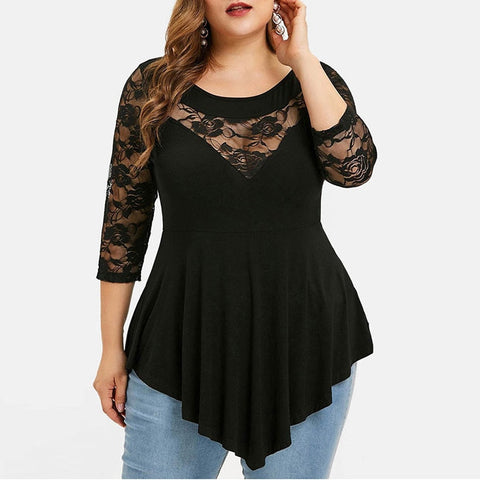 Plus Size Floral Lace Hollow Out Sexy Tunic Blouse Shirt Women Spring Autumn Big Size Tops Ruffles Irregular Blusas