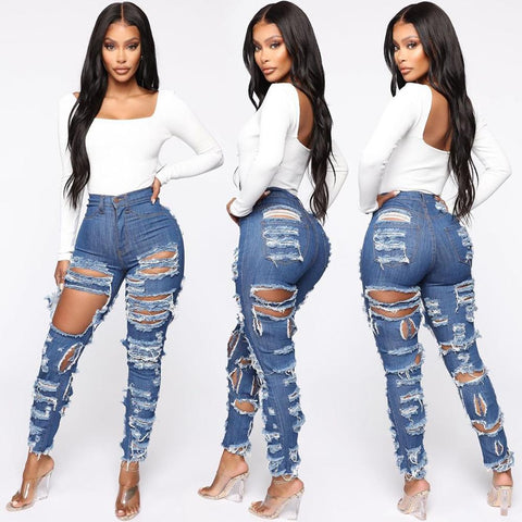 Women's Ripped Jeans High Waist Stretch Denim Pencil Pants Street Trendy Slim Jeans XS-XL