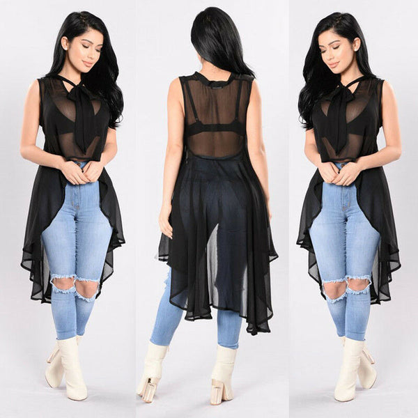 Women's Sexy Transparent Fluoroscopy Sleeveless Loose Blouse Casual Shirt Summer Tops Summer Bikini Swim Cover Up Clothes