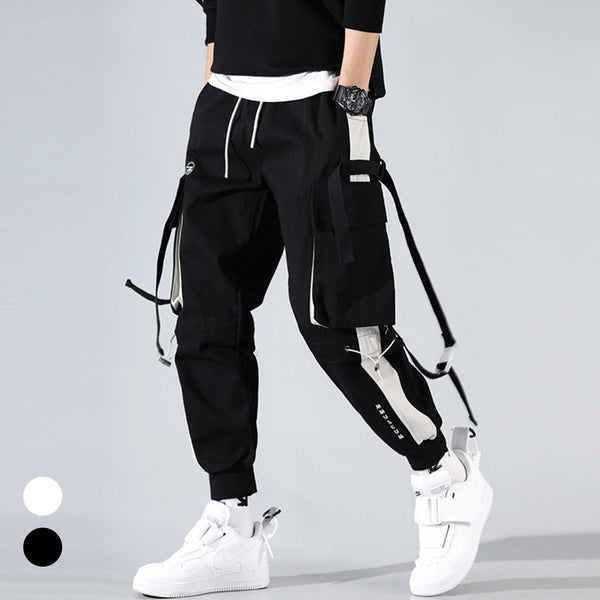 Men's Drawstring Multi Pockets Straps Ankle Tied Long Cargo Pants