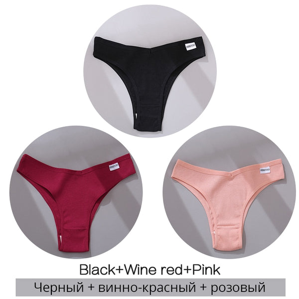 FINETOO Cotton Brazilian Panties Women Sexy V Waist G-String Underwear Female T-back Underpants M-XL Lady Bikini Panty 3Pcs/set