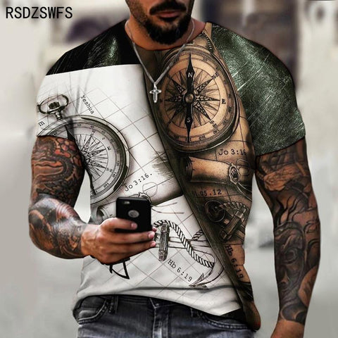 Men's Summer 3D Printed Compass T-Shirt Hip-Hop Style Large Size T-Shirt Cross Style Short Sleeve Clothing