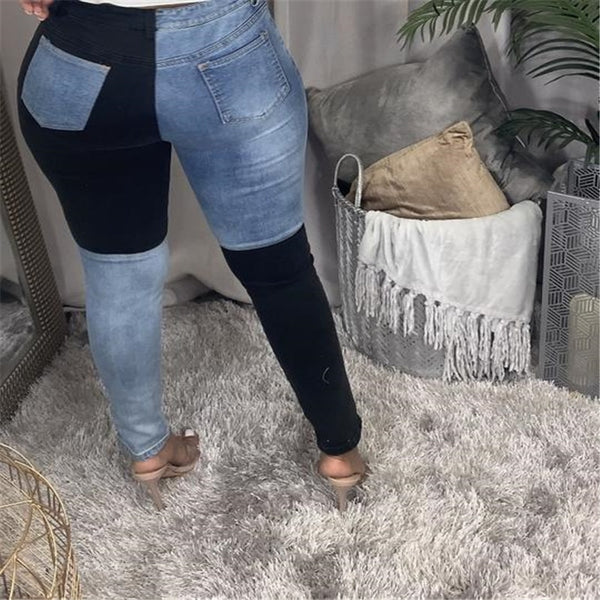 Women's Black and Blue Contrast Color High Waist Jeans Fashion Stretch Denim Pencil Pants Street Trendy Ripped Jeans S-2XL