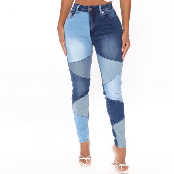 Women's Splicing Jeans Slim Tight High Waist Denim Trousers for Daily Life