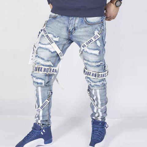 Men's jeans collocation design autumn straight pants ripped motorcycle pants