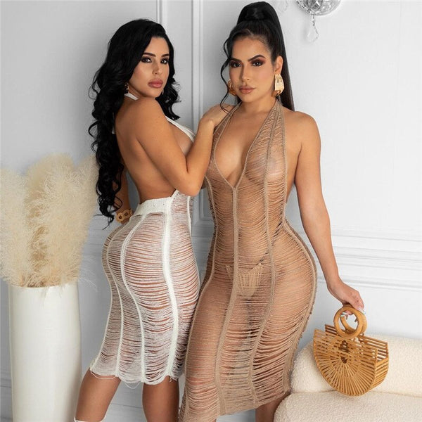 Open Back Halter Midi Dresses Sexy Hollow Out Crochet Knitted Beach Dress Women Summer Vacation Outfits