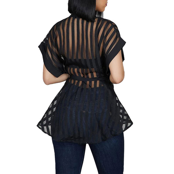 Women's Sexy Flared Tops Perspective Striped Tops Fashion Short Sleeve Blouse With Waist Belt