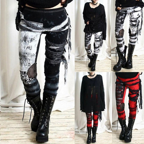 Streetwear Vintage Gothic Pants For Women High Waist Tie dye Rocker Distressed Pants