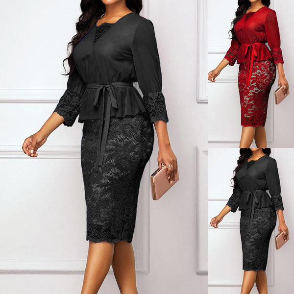 Elegant Women's 3/4 Sleeve Lace Patchwork Belt Bodycon Knee-length Pencil Dress Bodycon Party Dress