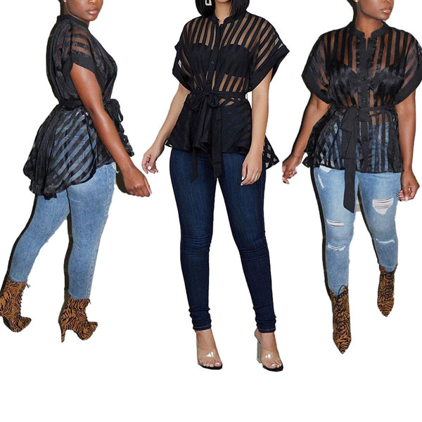 Women's Sexy Flared Tops Perspective Striped Tops Fashion Short Sleeve Blouse With Waist Belt