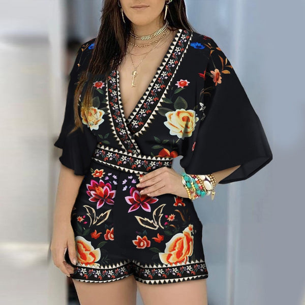 Women's Jumpsuit Summer Floral Printed Rompers 3/4 Sleeve Backless Playsuit