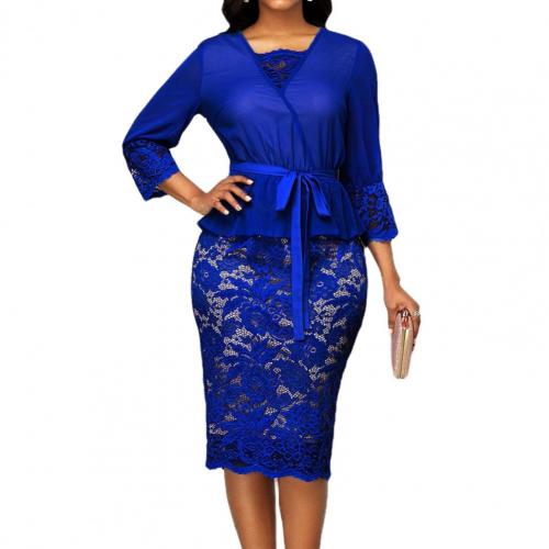 Elegant Women's 3/4 Sleeve Lace Patchwork Belt Bodycon Knee-length Pencil Dress Bodycon Party Dress