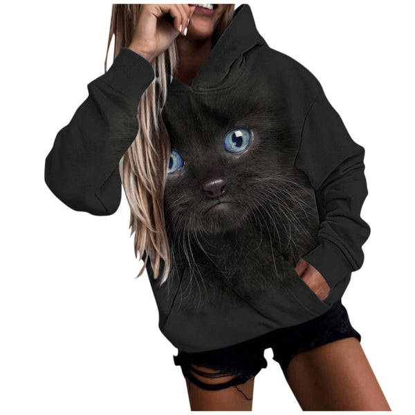 Streetwear Hoodie Female Kawaii Cat 3d Print Sweatshirt Thicken Long Sleeve Pocket Sweater Comfy O Collared Tops