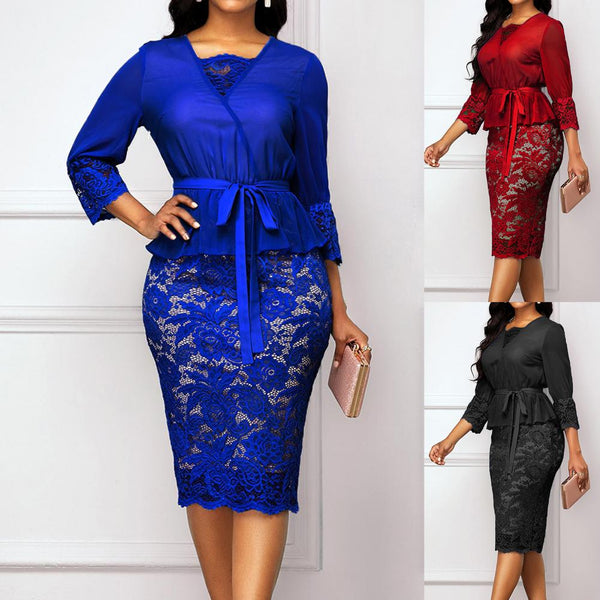 Elegant Women's 3/4 Sleeve Lace Patchwork Belt Bodycon Knee-length Pencil Dress Bodycon Party Dress