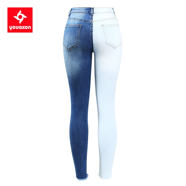 Double Color Patchwork Ripped Knees Jeans Women's Stretchy Denim Pants Jeans For Women