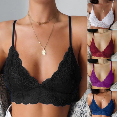 Lace V-Neck Solid Adjusted-straps Unpadded Bra