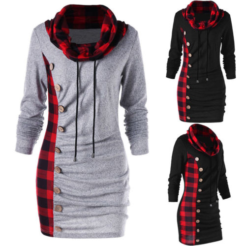 Women's Long Sleeve Turtle Neck Jumper Sweatshirt Dress Casual