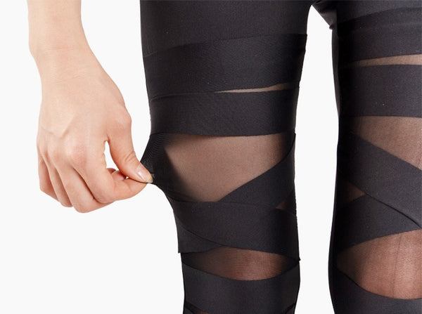 Spring & Summer Legging Sexy See Through Stripe Cross Tie Up Nine Point Bodycon Women Leggings Black Slim Bandages Leggings