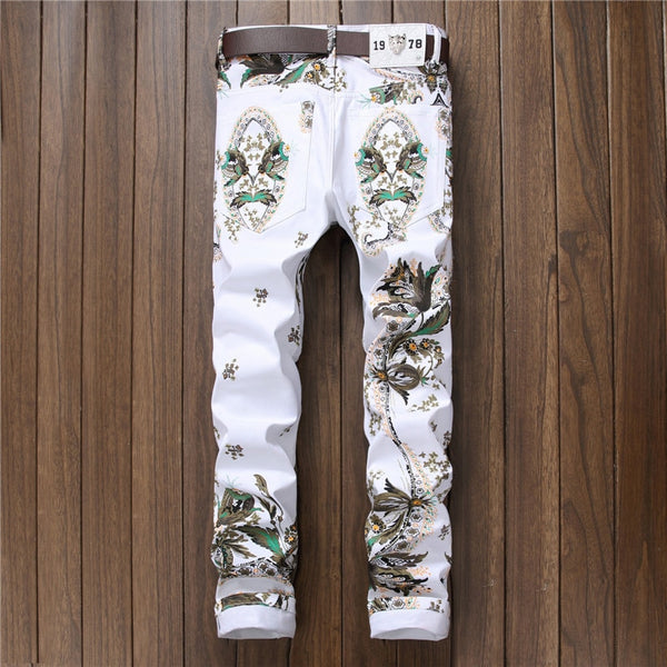 White Flower Colored 3D Printed Jeans Skinny Stretchy Denim Pants