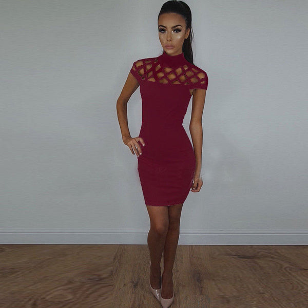 Women's Sexy Hollow Out High Neck Dress Ladies Body-con Slim Short Sleeve Evening Party Pencil Mini Dress