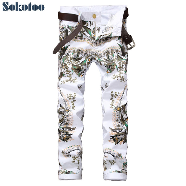 White Flower Colored 3D Printed Jeans Skinny Stretchy Denim Pants
