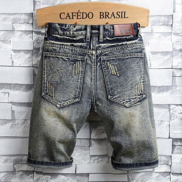 Men's Retro Style Ripped Denim Shorts Casual Hole Patch Jean Shorts